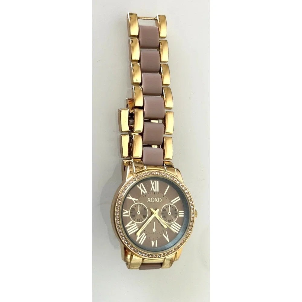 XOXO Women's Watch XO5873AZ Gold Tone Rhinestone Bezel Pink Link Band Accutime
